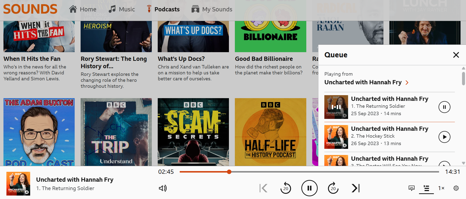 Image of the playback screen on the BBC Sounds website. The navigation bar and play queue are visible and highlighted