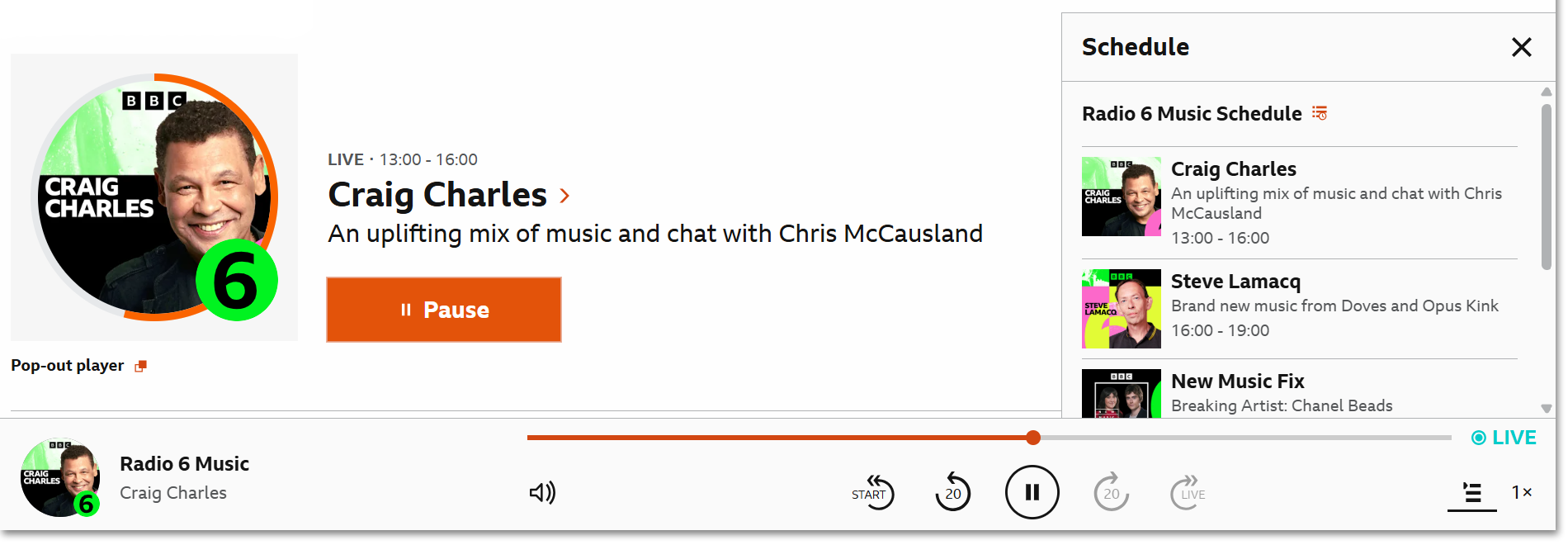 Image of the live playback screen on the BBC Sounds website. The navigation bar and playback controls are visible at the bottom of the page