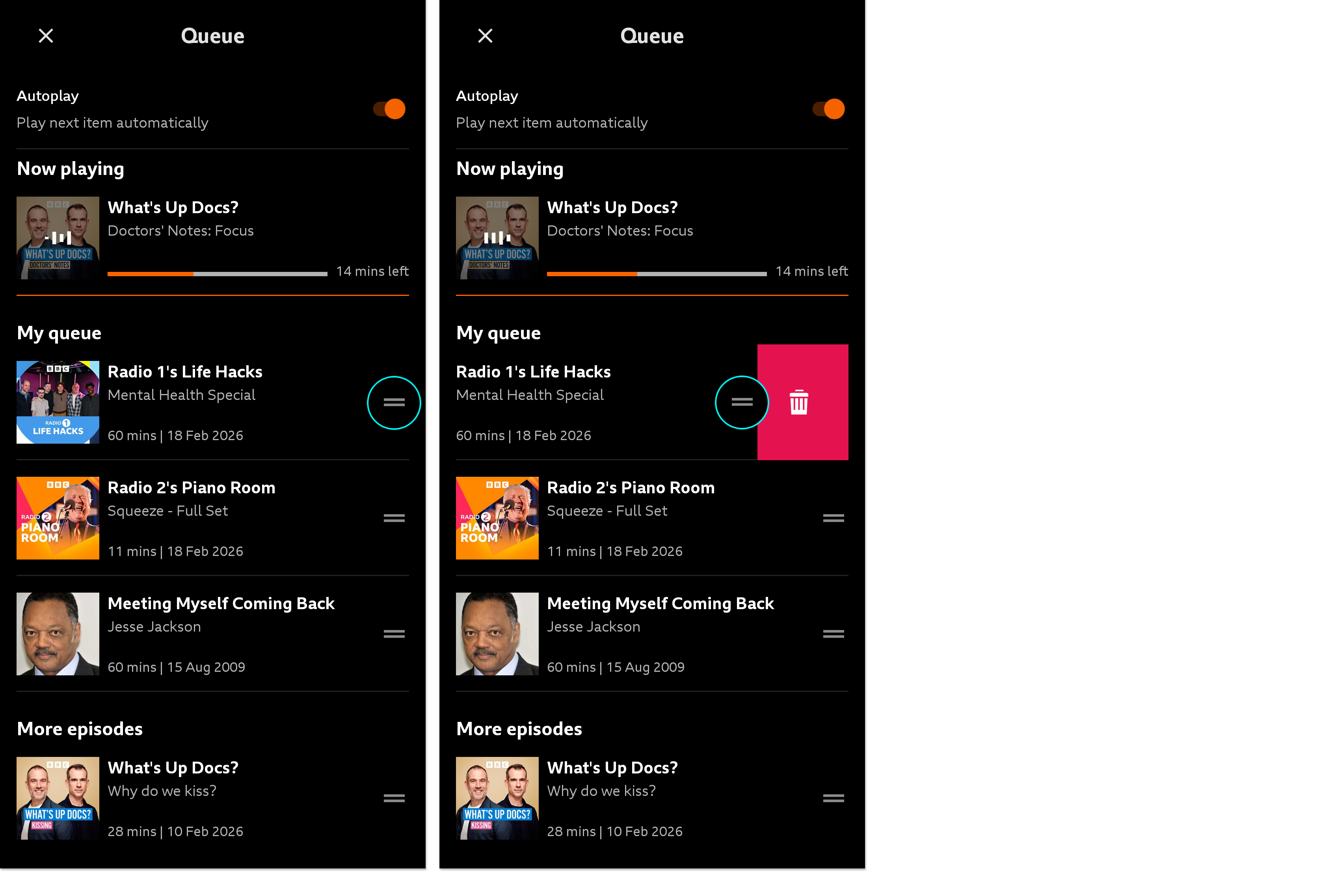 Two images from the BBC Sounds mobile app. The first shows the play queue with the grey lines highlighted to show how to move an episode up and down the queue. The second shows the bin icon and highlighted the grey lines to show how to swipe to delete