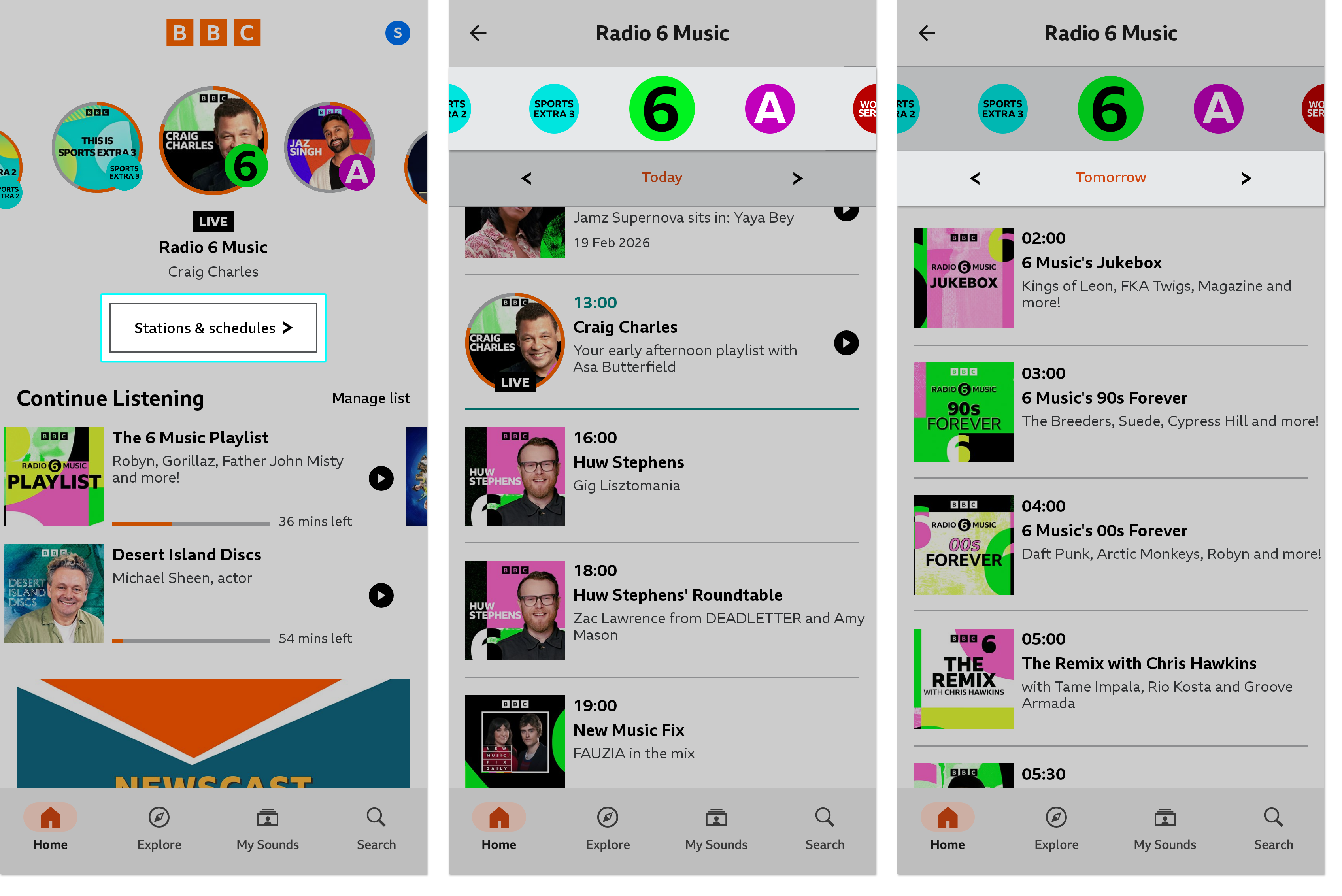 Three images from the BBC Sounds mobile app. The first shows the home screen with the Stations & Schedules option highlighted in the centre. The second shows the schedule page with the stations rail highlighted. The third is the same schedule page but the listing is for 'tomorrow' and the 'days' rail is highlighted 