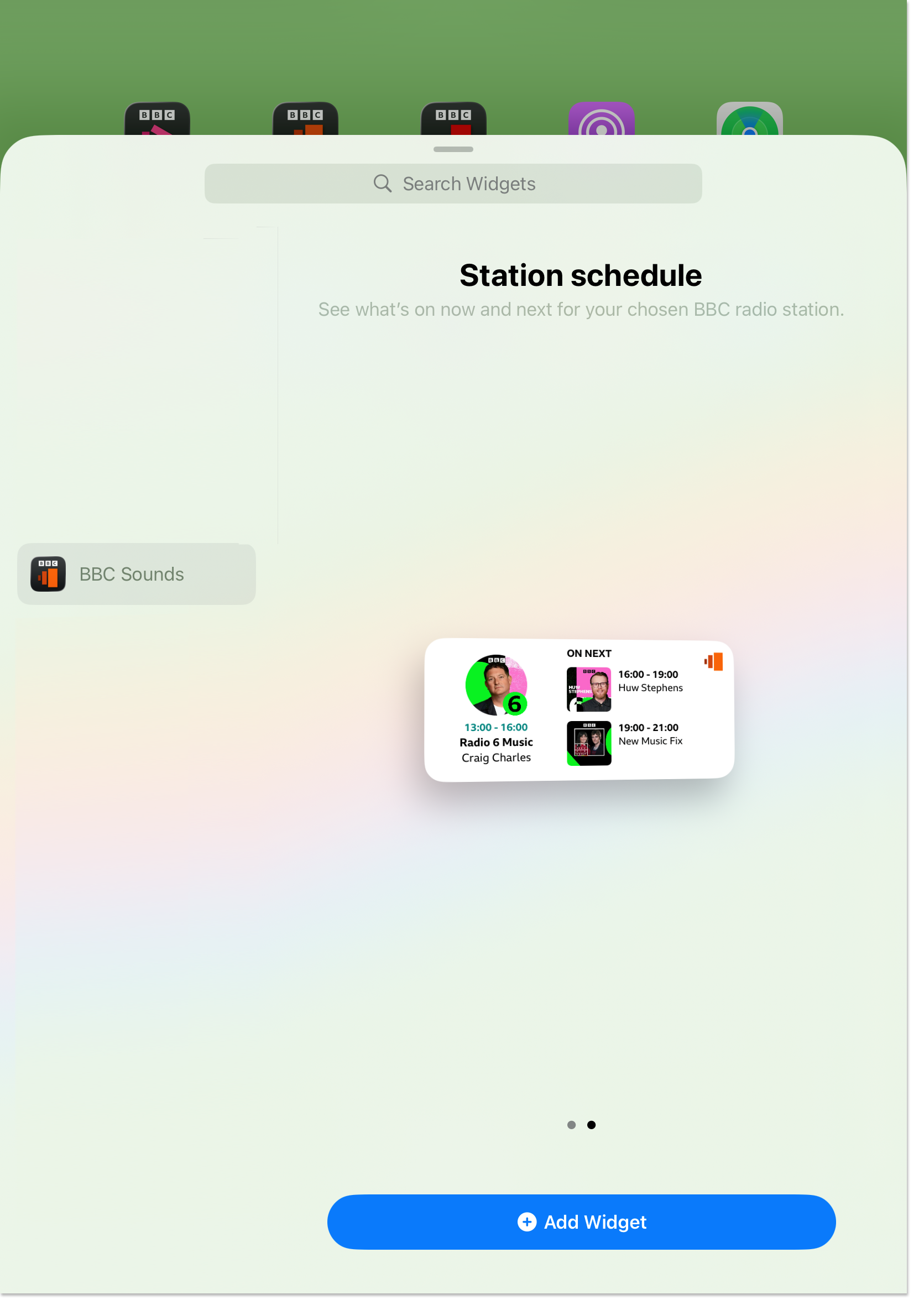 Image from the 'Add Widget' section of an iPad. BBC Sounds has been selected and the station and schedule is showing in the middle of the screen