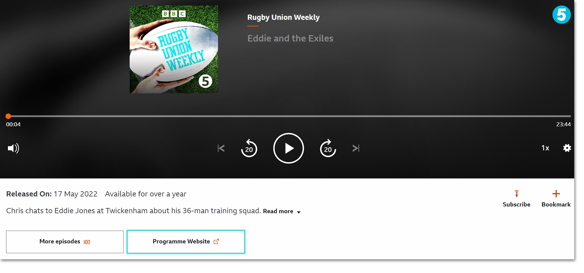 Screenshot of the playback screen on the BBC Sounds website with the 'Programme website' button highlighted underneath