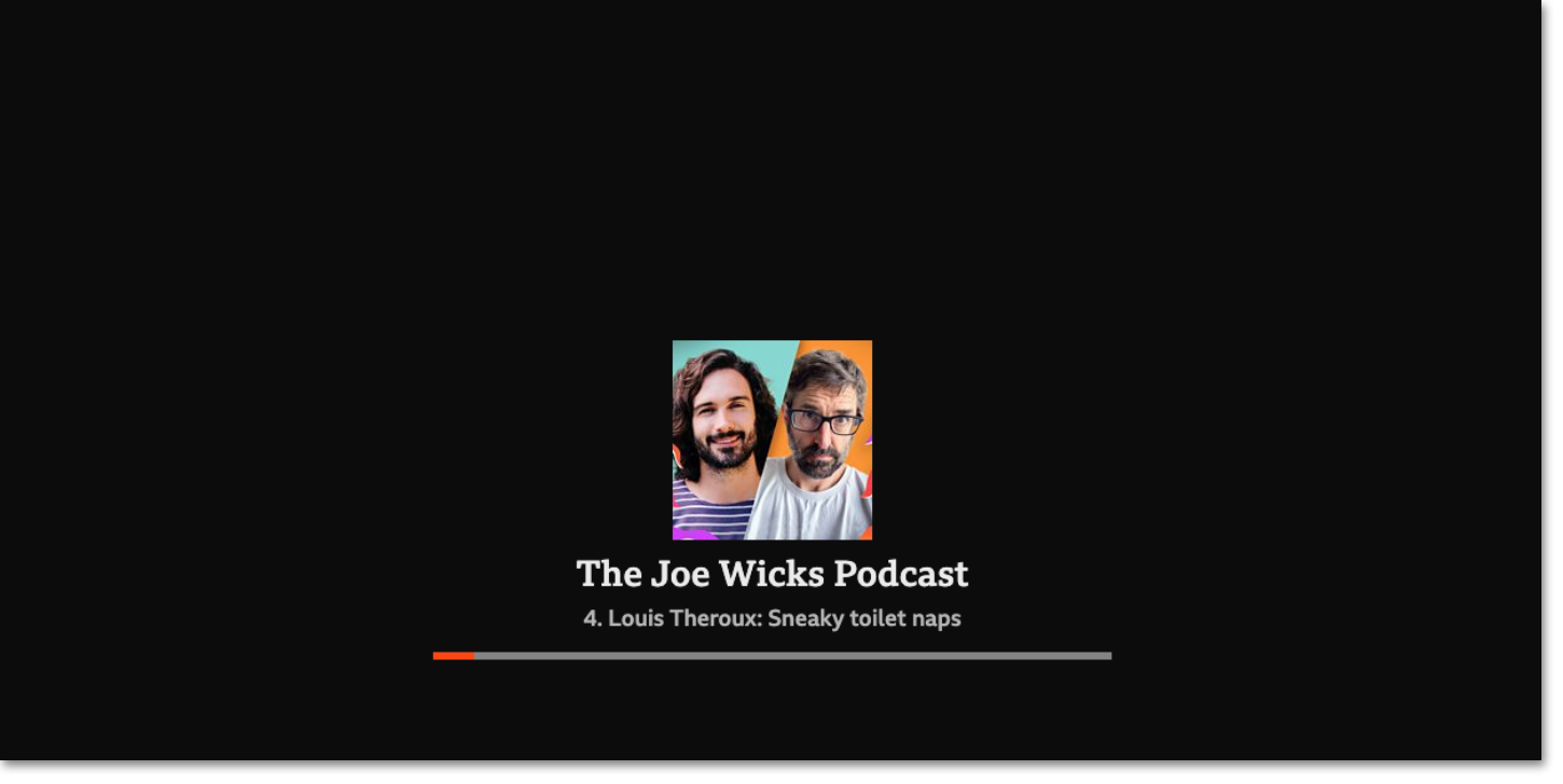 Screenshot of the screensaver on the BBC Sounds TV app. This screensaver shows the currently-playing programme title and image