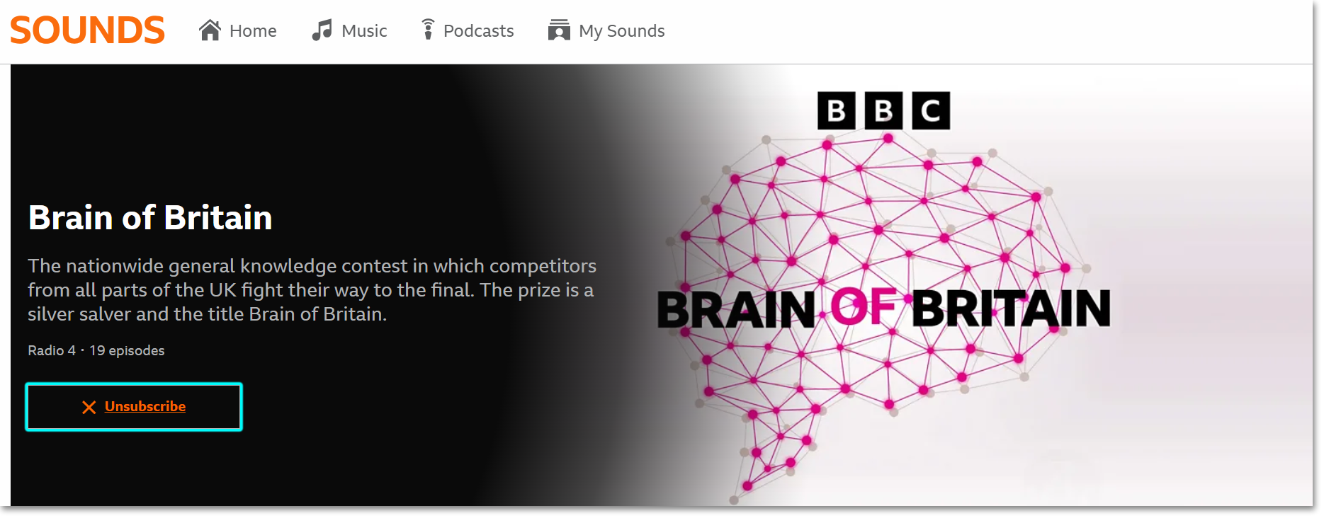 Image showing a programme page on the BBC Sounds website with the 'Unsubscribe' button highlighted