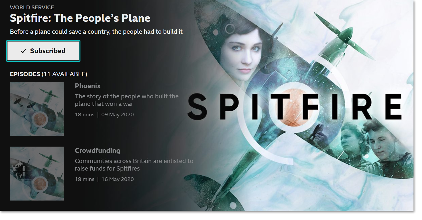 Screenshot of a programme page on the BBC Sounds TV app with the 'Subscribe' button on the top left highlighted.