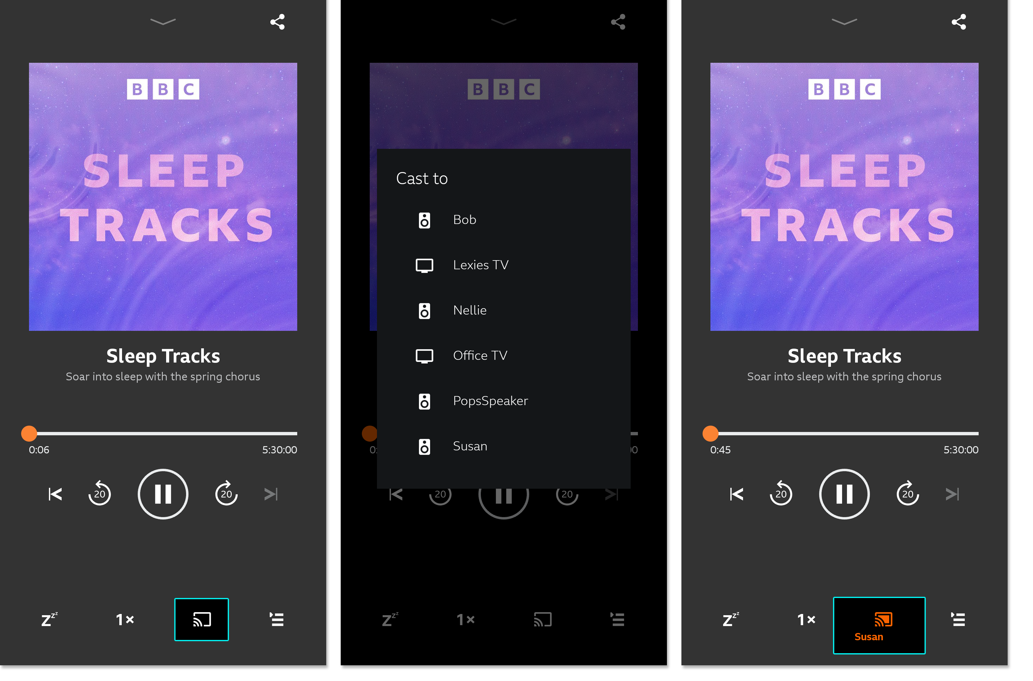 Three images from the BBC Sounds mobile app. The first shows the playback screen with the 'Cast' icon highlighted. The second shows the available devices and the third highlights the icon at the bottom which is now orange and displaying the name of the device the playback is casting to