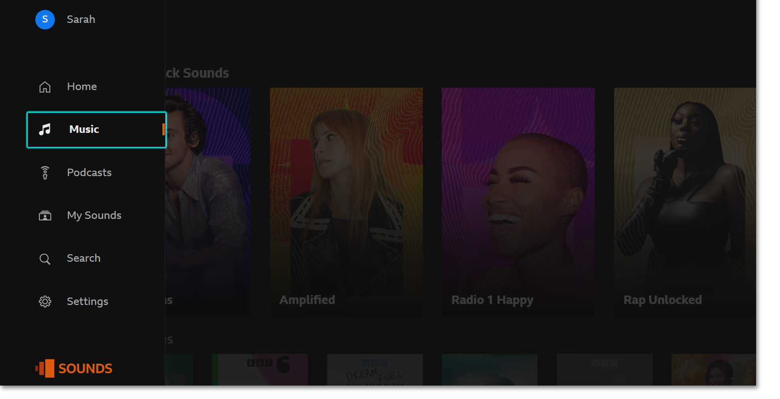 Screenshot of the BBC Sounds TV app open on the Music menu. The menu options are all showing on the left hand side, with Music highlighted