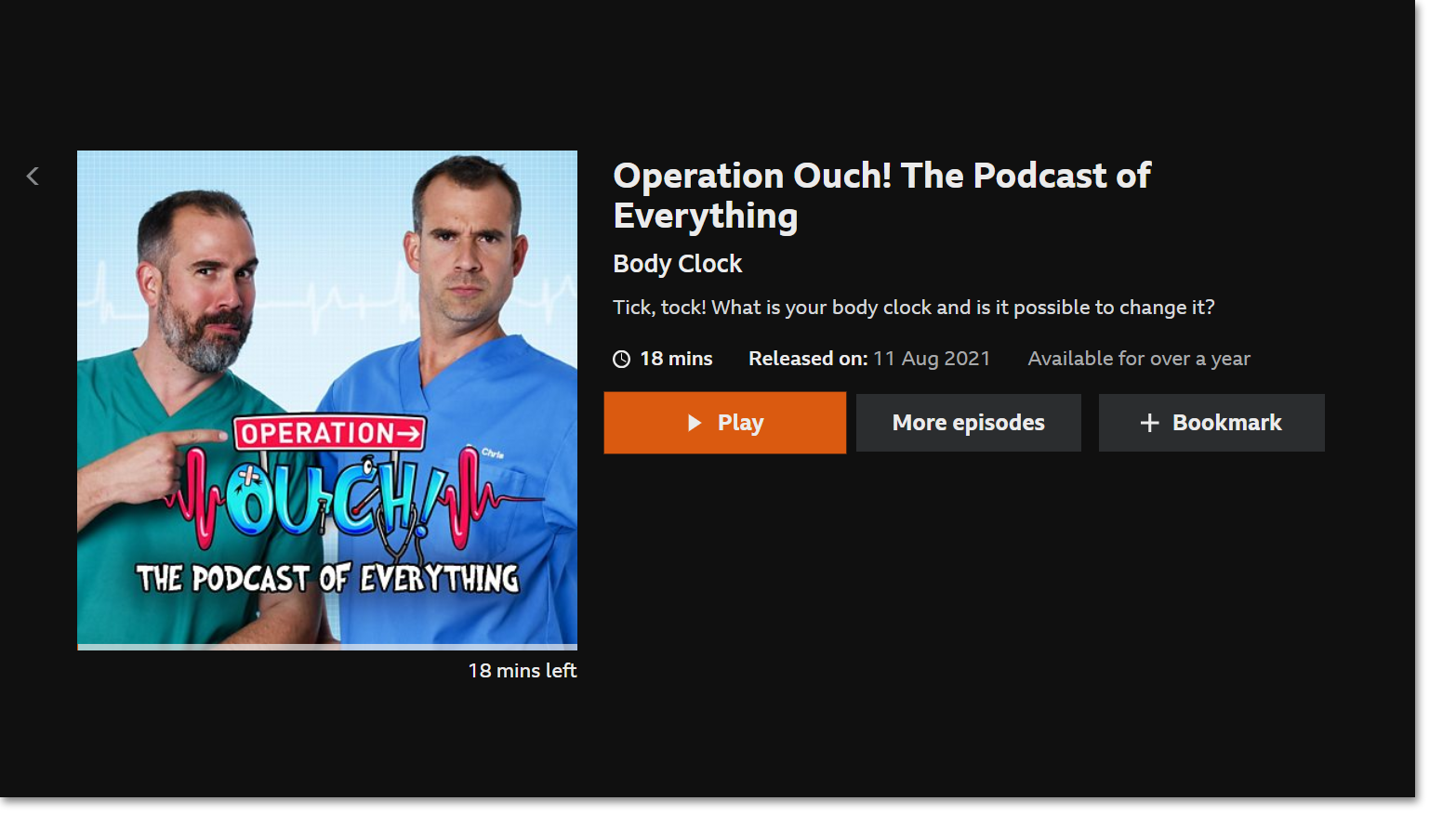 Image showing a podcast being selected on the BBC Sounds TV app. The Play button is highlighted in orange