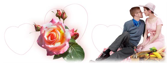 Hearts and flowers with a couple kissing over a picnic in the background