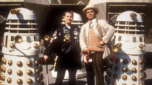 Ace and the Doctor with Daleks