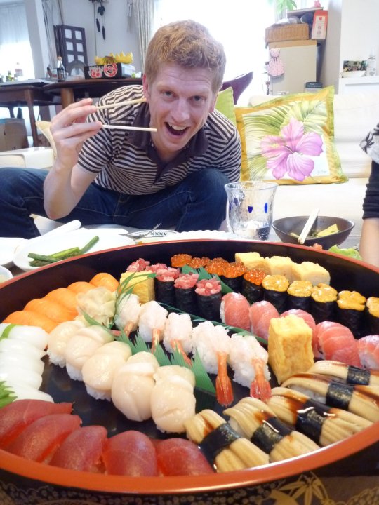 Neil with a big plate of sushi