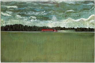 Peter Doig. Hitch Hiker, 1989/90. Oil on postal bags. © Courtesy of the Artist and Victoria Miro Gallery, London
