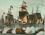 A British ship crosses the battle line of the Combined French and Spanish Fleet