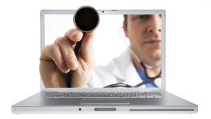 A doctor reaching through the screen of a laptop with the end of a stethoscope