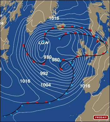 The Met Office's pressure chart for Friday shows a deep area of Low Pressure brewing SW of the British Isles