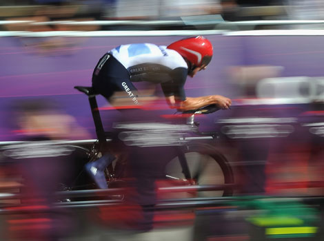 Great Britain's Bradley Wiggins races in the Men's Individual Road Cycling Time Trial
