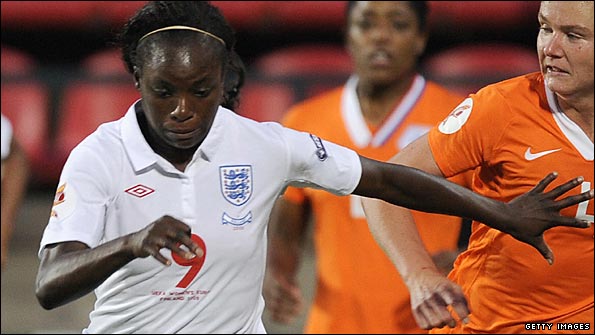 Eniola Aluko takes on the Dutch defence in England's semi-final win