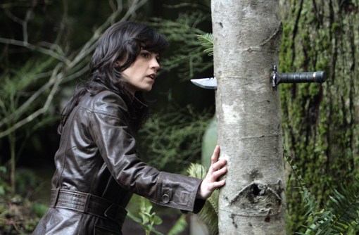 Emily looks at a dagger in the tree