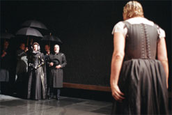Image: Harriet Walter (Elizabeth) and her court confronted by Janet McTeer (Mary Stuart) - photo by Neil Libbert