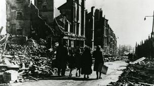 Black and white view of air raid destruction to Radnor Park in Clydebank.