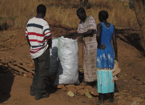 The villagers' main source of income is charcoal, sold to passers by
at 25 Sudanese pounds per sack. There are about 4 Sudanese pounds to
the £ sterling