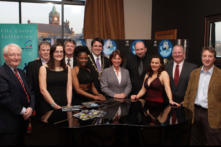 Image includes (L - R) Jack McGouran (Cork Jazz Festival), Joe Gallagher, Catherine Martin (Dept Culture Arts Leisure), Terry Loughins (Guinness), Mirenda Rosenberg (Performer), Mayor Councillor Gerard Diver, Derry City Council Town Clerk Ms Valerie Watts, Johnny Murray (Festival Co-Ordinator), Fiona Trotter (Performer), Gerry McColgan (Festival Director) and Chris Capper (BBC Radio Foyle).