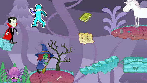 Screenshot of eerie forest landscape with vampire, witch, spider, and unicorn