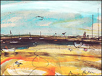 Ink and wash drawing of Brancaster Staithe