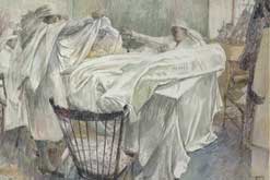 Painting of Women making bandages by Erlund Hudson. Picture courtesy of the Imperial War Museum.
