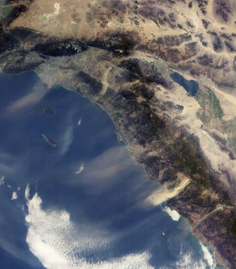 Satellite image of dust being blown offshore by the Santa Ana winds
