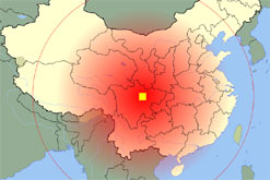 Map showing the epicentre of the 2008 Sichuan earthquake and its extent.