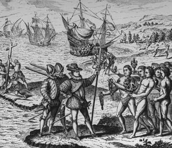 Italian explorer Christopher Columbus being greeted by native Americans upon arrival in New World. 