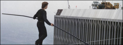 Philippe Petit wire walking in New York