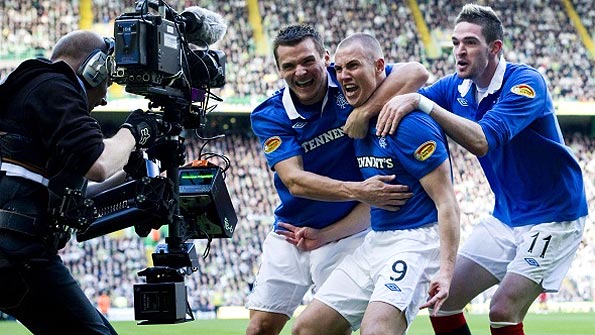 Kenny Miller (centre) is congratulated by Lee McCulloch and Kyle Lafferty after scoring for Rangers
