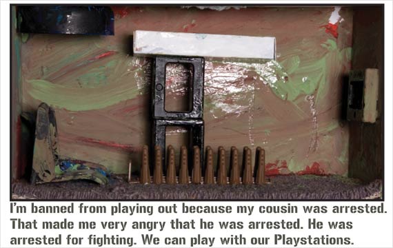 I'm banned from playing out because my cousin was arrested. That made me very angry that he was arrested. He was arrested for fighting. We can play with our Playstations.