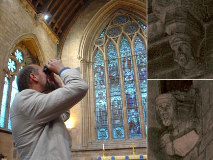 Left-hand side: Martin Palmer stands inside a church, with stained-glass window and altar in background, looking up towards the ceiling through binoculars. Top right and bottom right: carved faces of knights in the stonework high up in the church