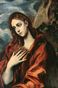 Mary Magdalene, depicted as a fair-skinned woman with long hair and wearing red, holds a hand to her chest, seeming lost in thought