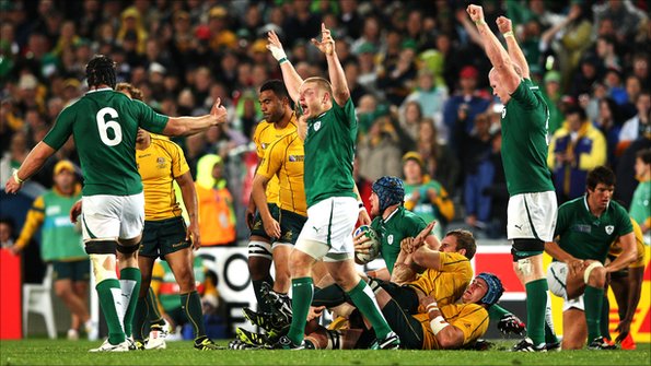 Irish players celebrate their win