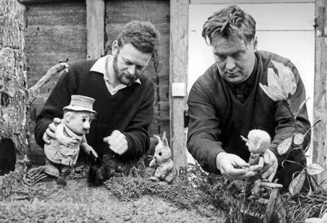 Peter Firmin and Oliver Postgate with creations Mr. Pogle, Tog and Pippin