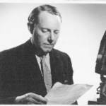 Derek Prentice reading the World Service news during the war