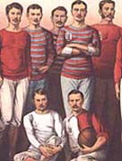 Close up view of a illistrated poster showing leading English football players, 1881