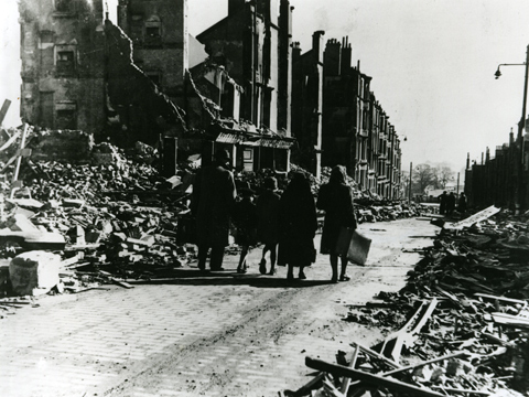 Black and white view of air raid destruction to Radnor Park in Clydebank.