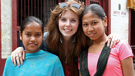 Stacey Dooley with Santi (left) and Santoshi (right), working kamlari girls in Kathmandu (image: Ricochet)