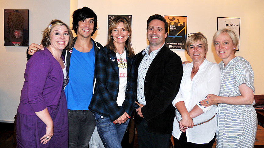 Photograph from the recording of Swots episode 2, June 2010. Left to right: Julie Coombe, Russell Kane, Jo Caulfield, Phil Nichol, Susan Morrison Janice Forsyth and Phil Nichol.