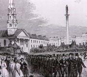 Period drawing showing a procession of men in dark coats and top hats leaving the Assembly
