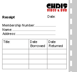 Chris's receipt showing: date, membership number, name, address and what has been borrowed. 