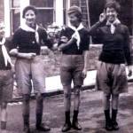VE Day street party 8th May 1945 Rugby Road Brislington From left to right ; Mrs Bigwood, Mrs Lucas, Mrs Bolwell and Mrs Lily Stone Mr Bolwell in the backgound and Alan Winterson, contibutor’s brother, far right It was a fancy dress party and the ladies dressed as scouts