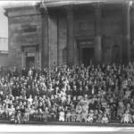 Photograph of the Stockport Channel Islanders Association on the steps of Stockport Town Hall with the Mayor. May 1941.