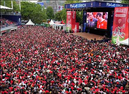 Swiss and Czech fans watch the opening match of Euro 2008 on a big screen in Zurich