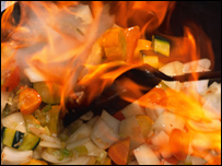 Vegetables frying in a pan